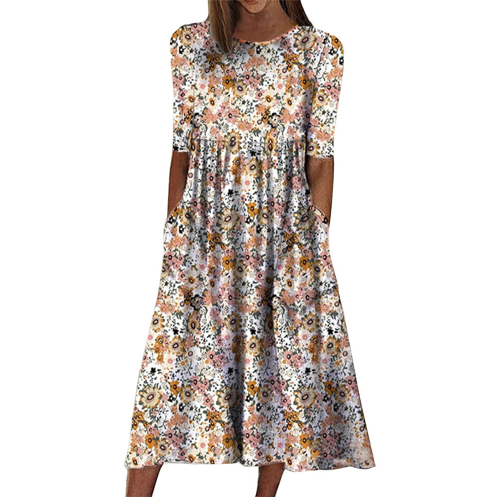 Damen Sommerkleid mit Blumenmuster und lockeren Taschen