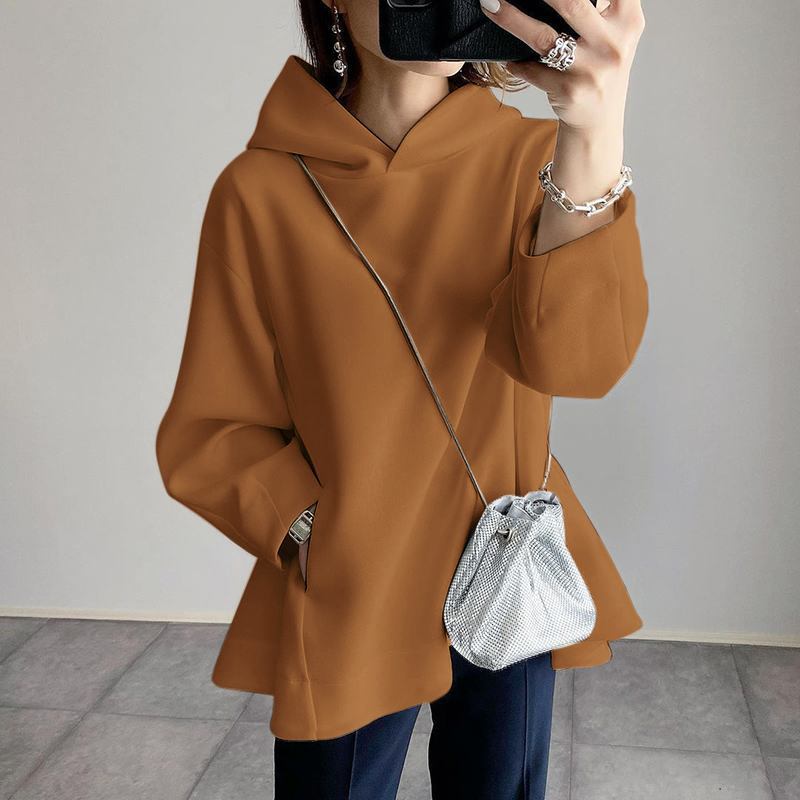 Women's Style Solid Color Pocket Long Sleeve Hem Sweaters