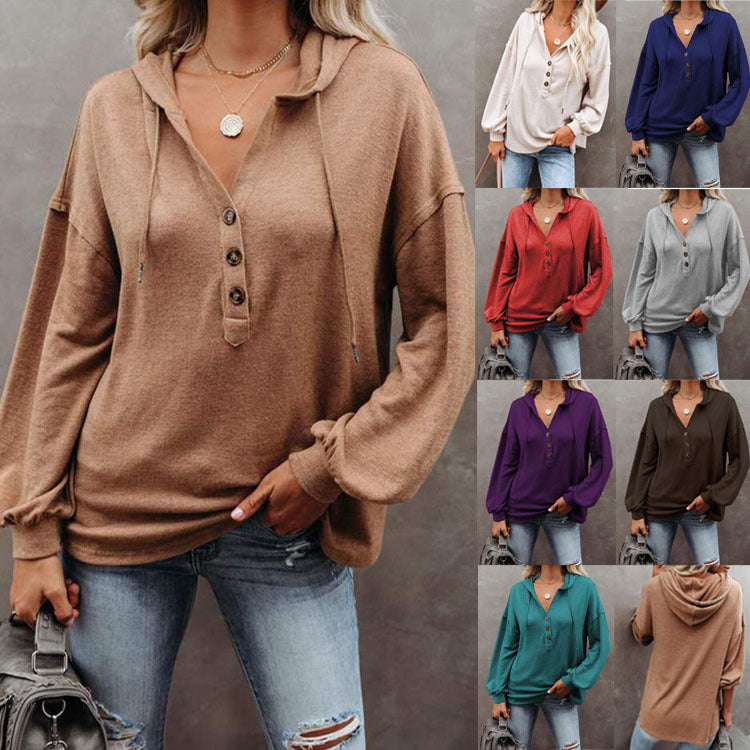 Women's Button Hoodie Casual Loose Solid Color Sweaters