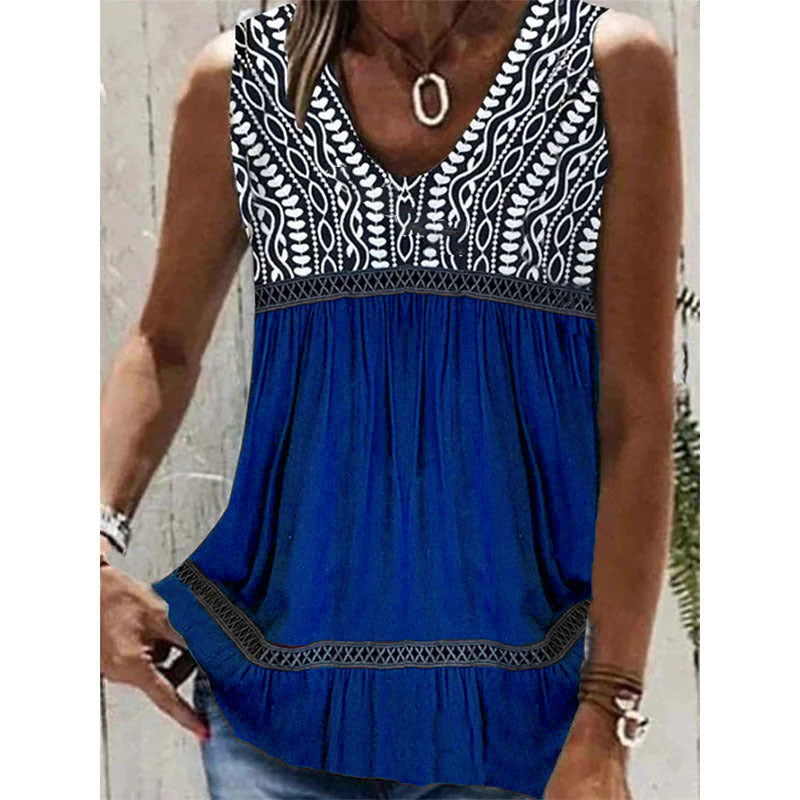 Women's Summer Flower Edge Stitching Ruffle Tank Blouses