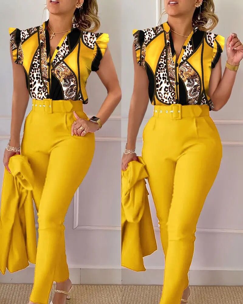 Women's Fashion Casual Ruffle Sleeve Two-piece Set Suits