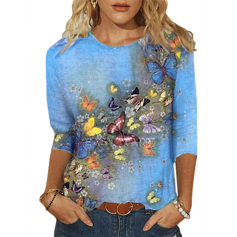 Women's Landscape Painting Positioning Printed 3/4 Sleeves Blouses
