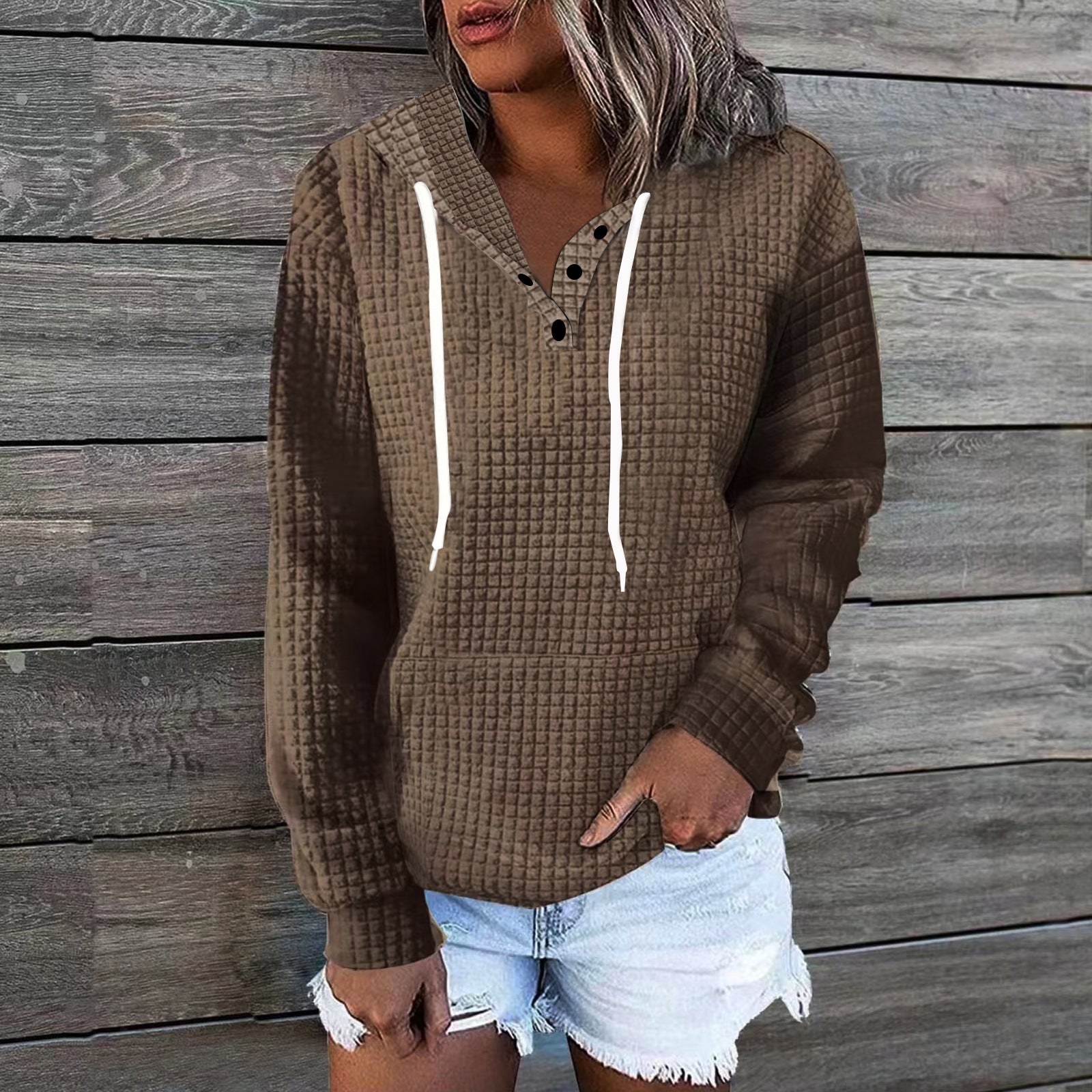 Women's Pure Color Casual Versatile Button Hooded Sweaters