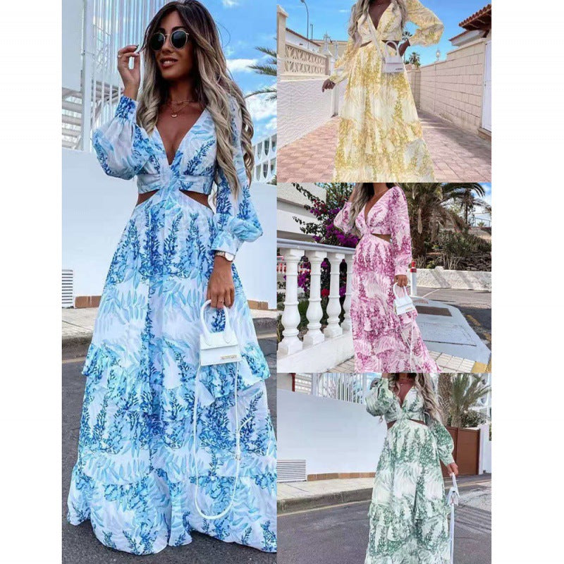 Women's Wear Spring Long Printed V-neck Sleeve Dresses