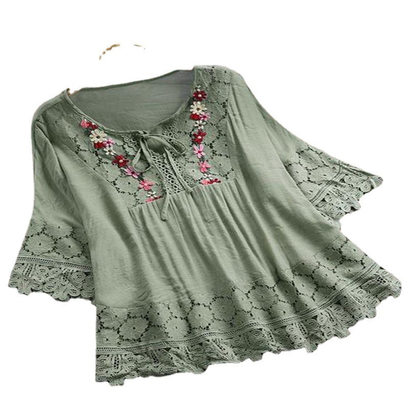 Women's Cotton Linen Stitching Lace Elegant V-neck Tops