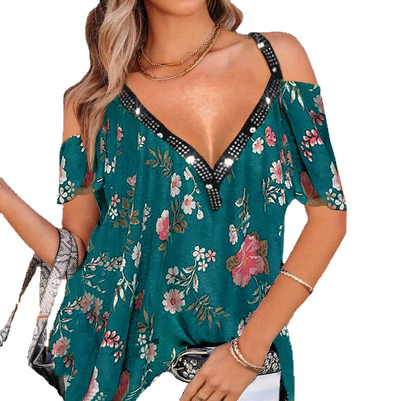 Women's Summer Temperament Commute V-neck Printed Off-the-shoulder Blouses