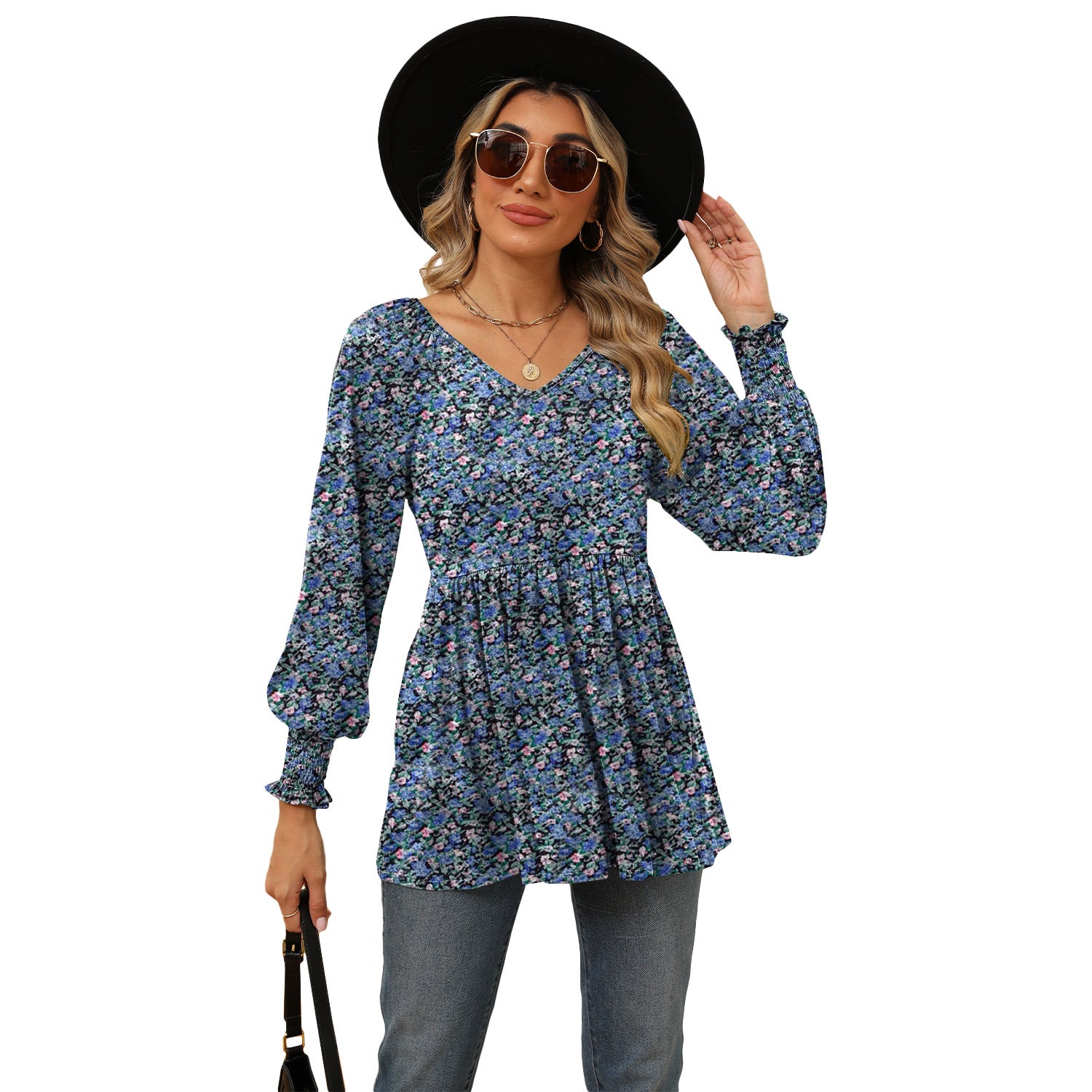 Women's Printed Bubble Long Sleeve Waist T-shirt Blouses