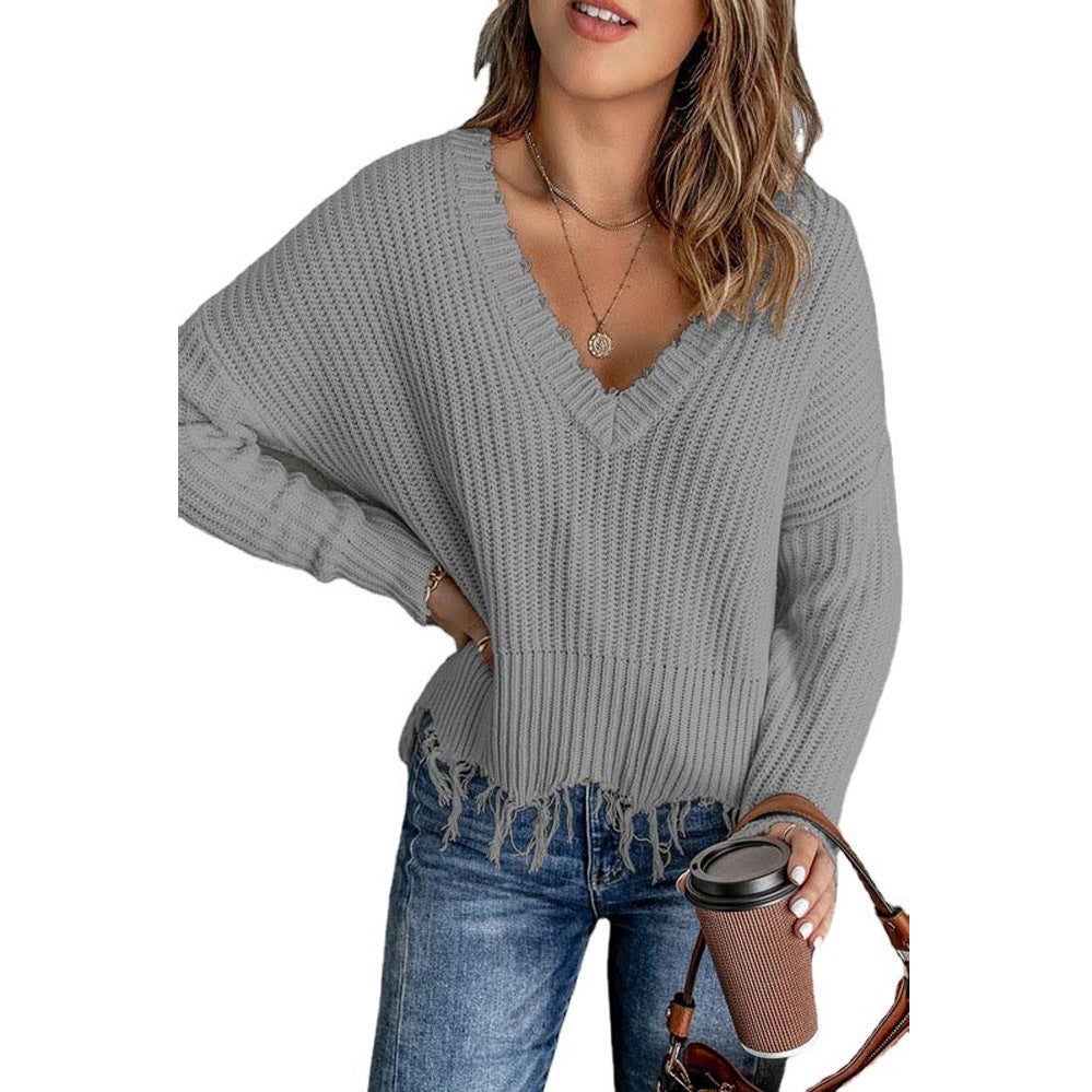 Women's Knitted Collar Tassel Ripped Fashion Female Tops