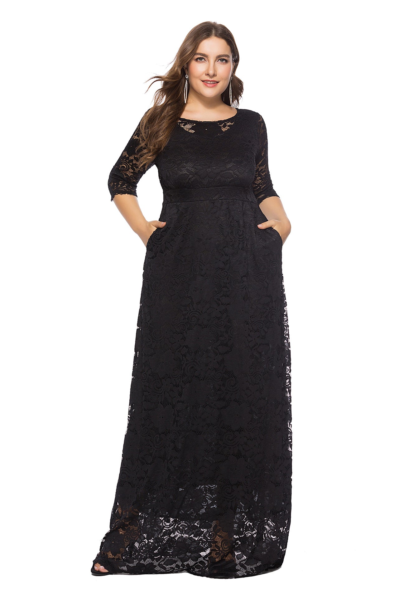 Women's Large Hollow Lace Pocket High Long Dresses