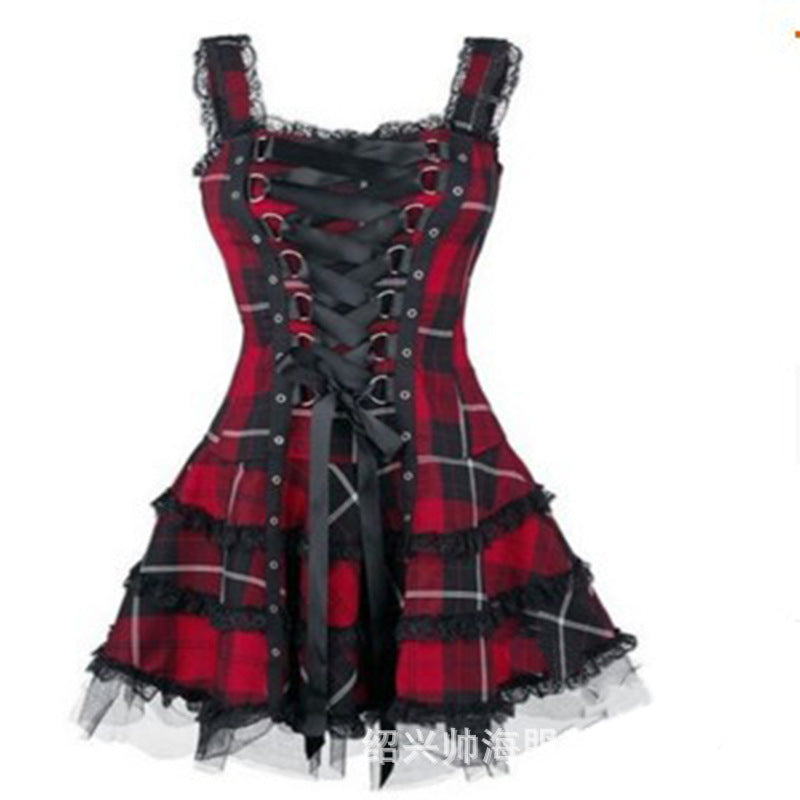 Women's Plaid Printed Lock Lace-up Sleeveless Mesh Dresses