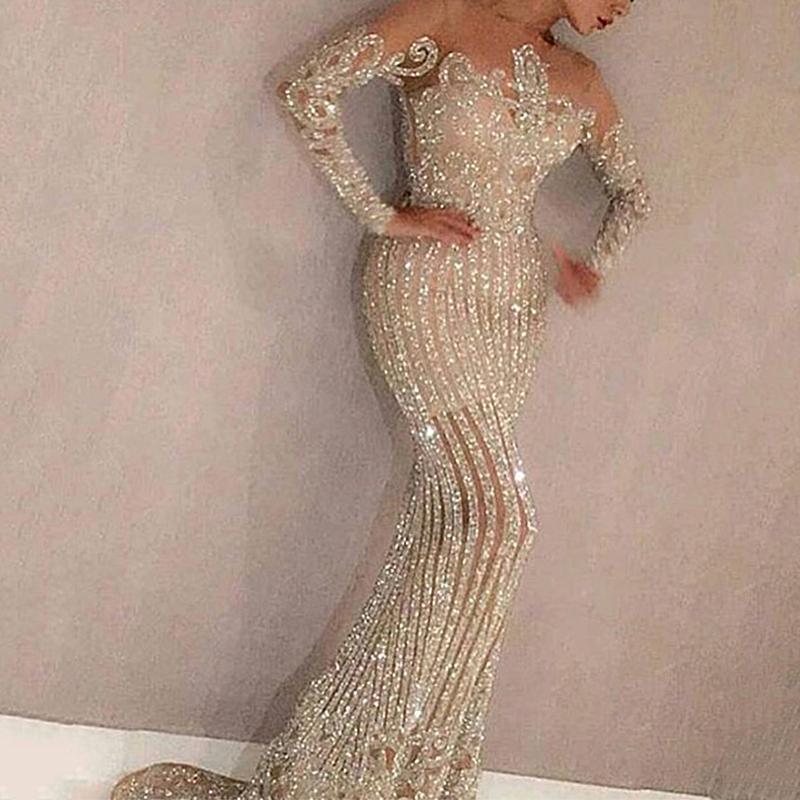 Spring Long Mid-waist Temperament Commute Sequined Solid Color Dresses