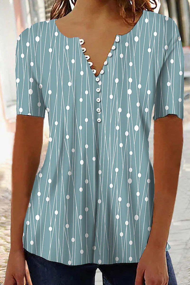 Clover V-neck Polka Dot Striped Button Blouses