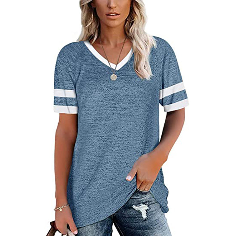 Sommer-Kontrastfarben-Kurzarm-Freizeit-T-Shirt-Blusen für Damen