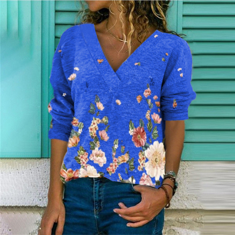 Women's V-neck Pullover Printed Long-sleeved T-shirt Blouses