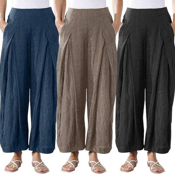 Damen-Hose aus Baumwolle und Leinen mit weitem Bein und Temperament, kurz geschnitten