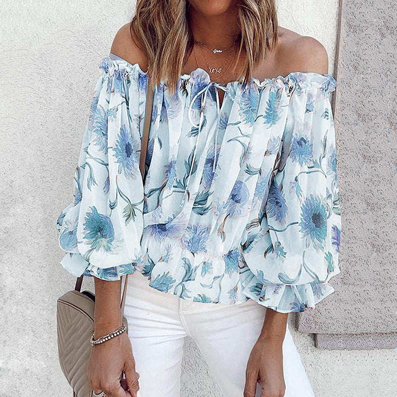 Women's Sexy Off-shoulder Chiffon Loose Printed Long-sleeved Blouses