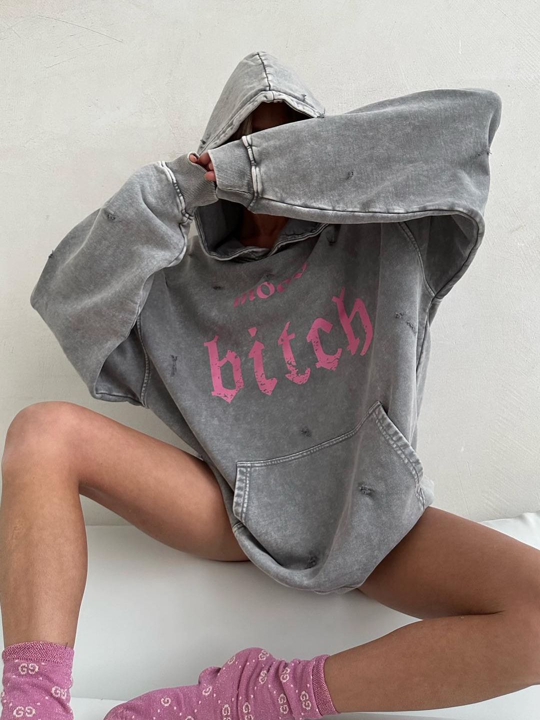 Women's Style Worn Looking Washed-out Broken Letters Printed Hoodie Sweaters