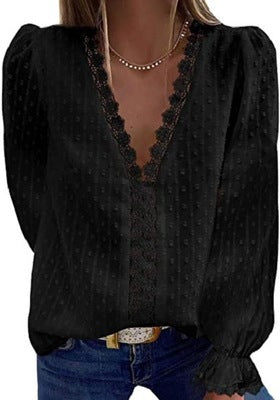 Deep V-neck Embroidered Ruffled Sleeves Front Blouses