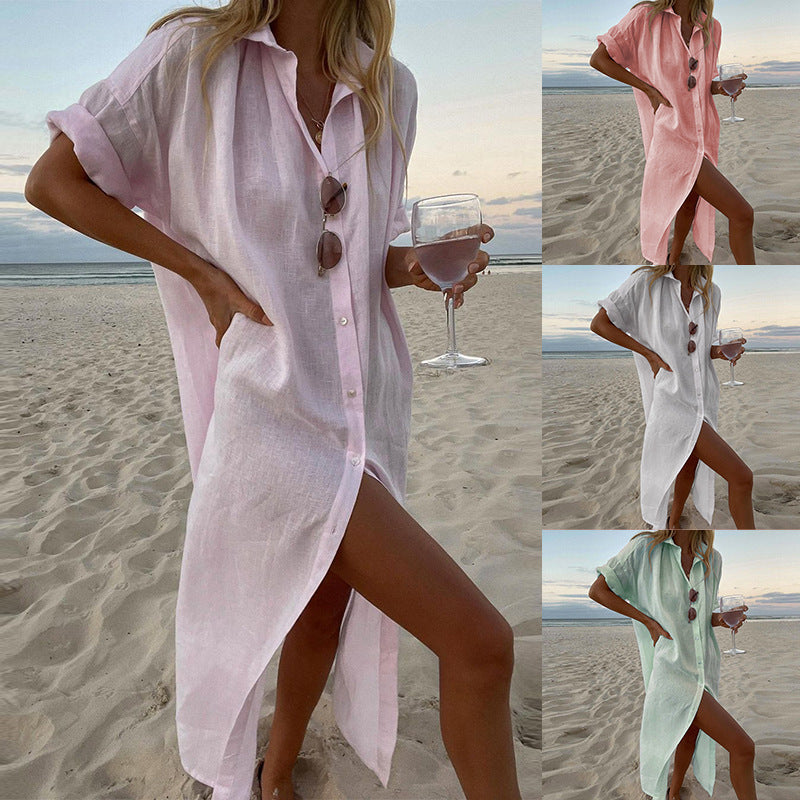 Women's Solid Color Long Sleeves Mid-length Linen Dresses