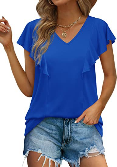 Women's Summer Ruffle V-neck Pleated Short-sleeved Blouses