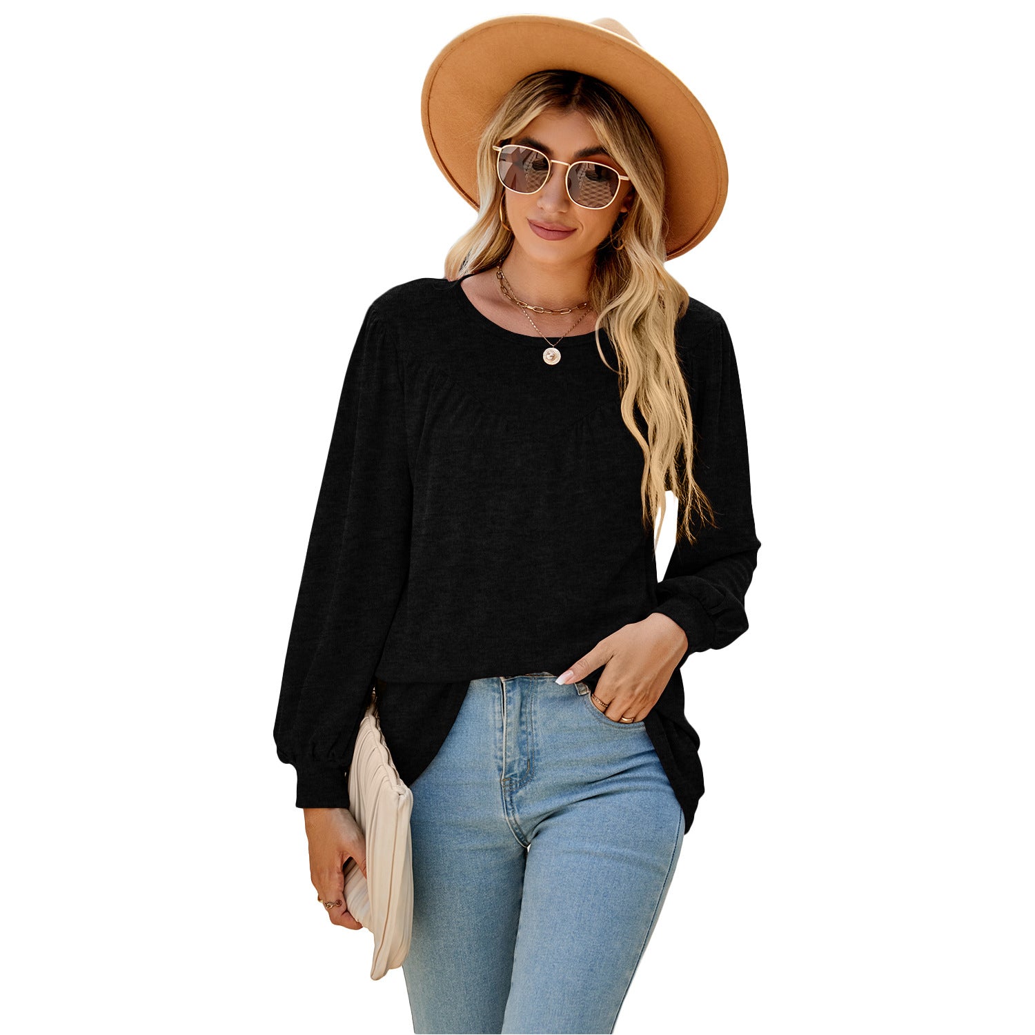 Women's Lantern Sleeve Loose Round Neck T-shirt Casual Blouses