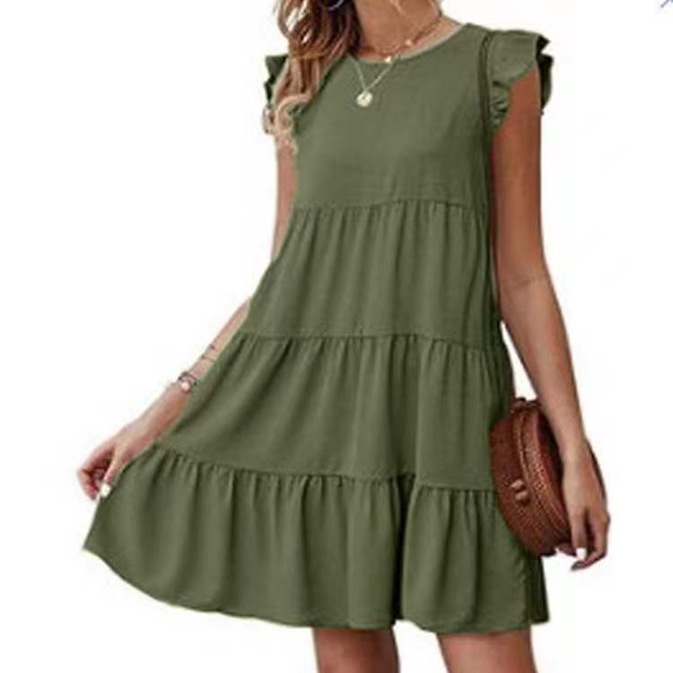 Color Round Neck Sleeves Casual Cake Pleated Dresses