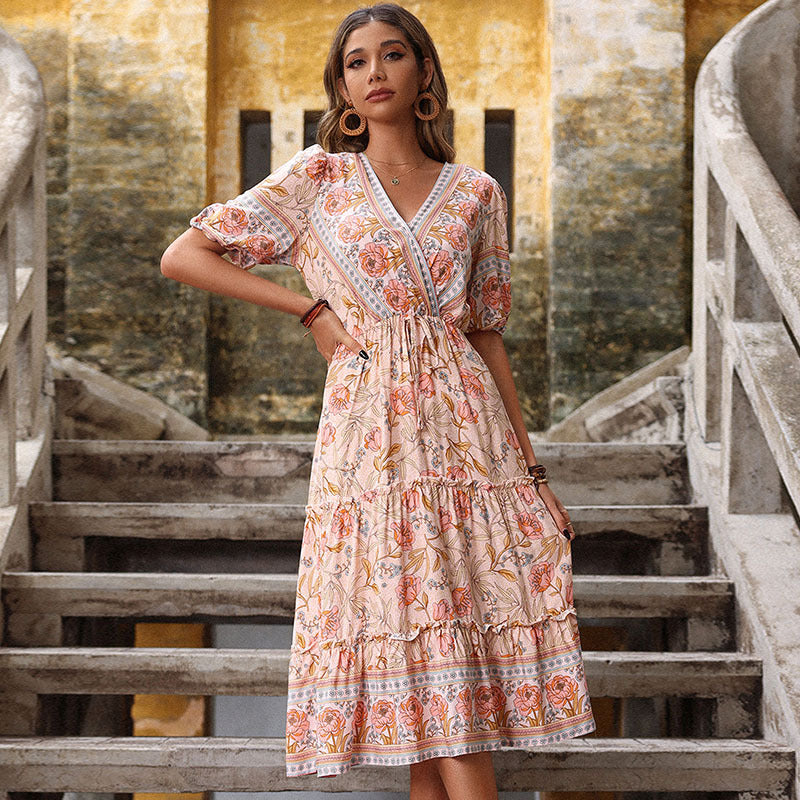 Women's Retro Pink Wooden Ear Printed V-neck Dresses