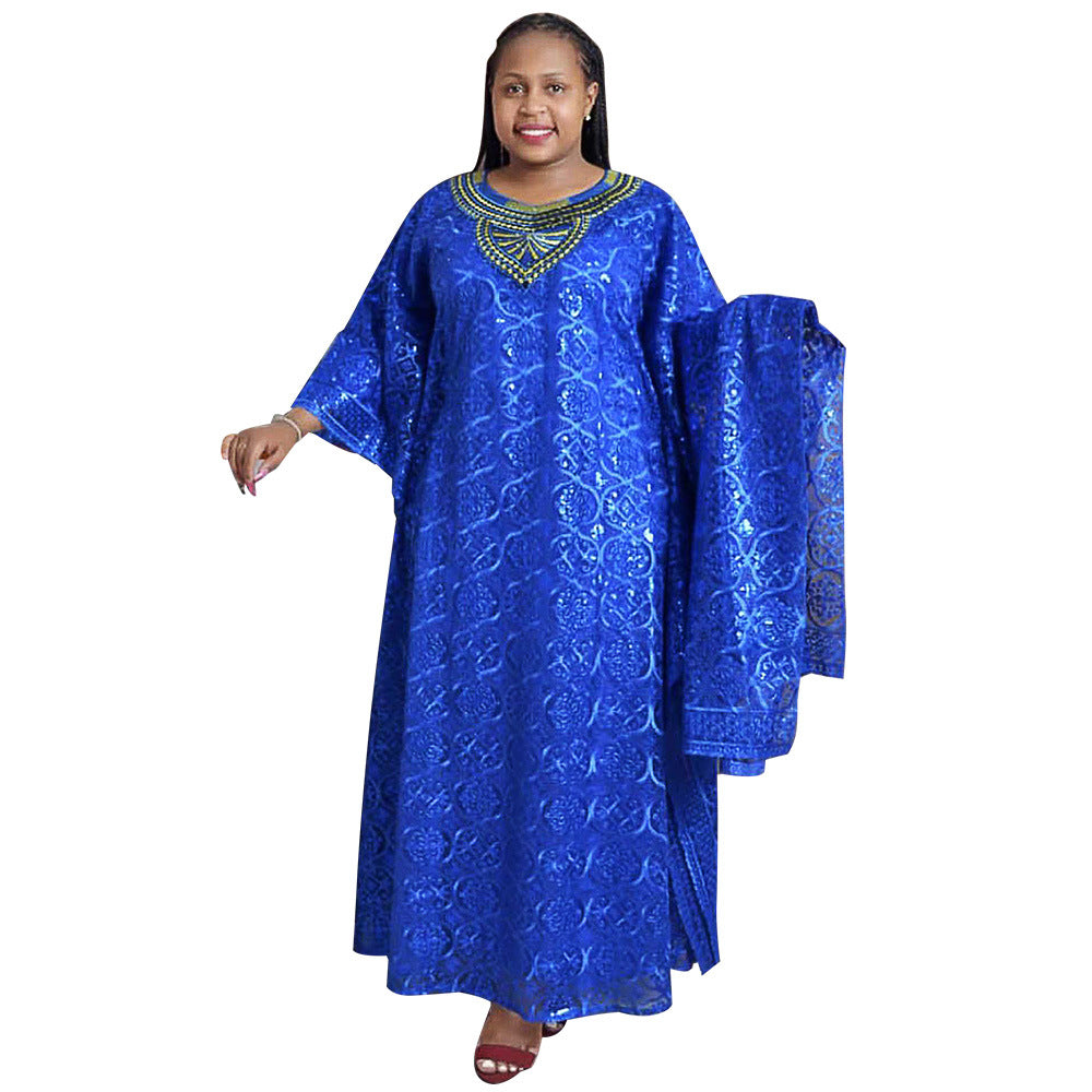 Women's African Wear Embroidered Loose Batwing Sleeve Robe Dresses