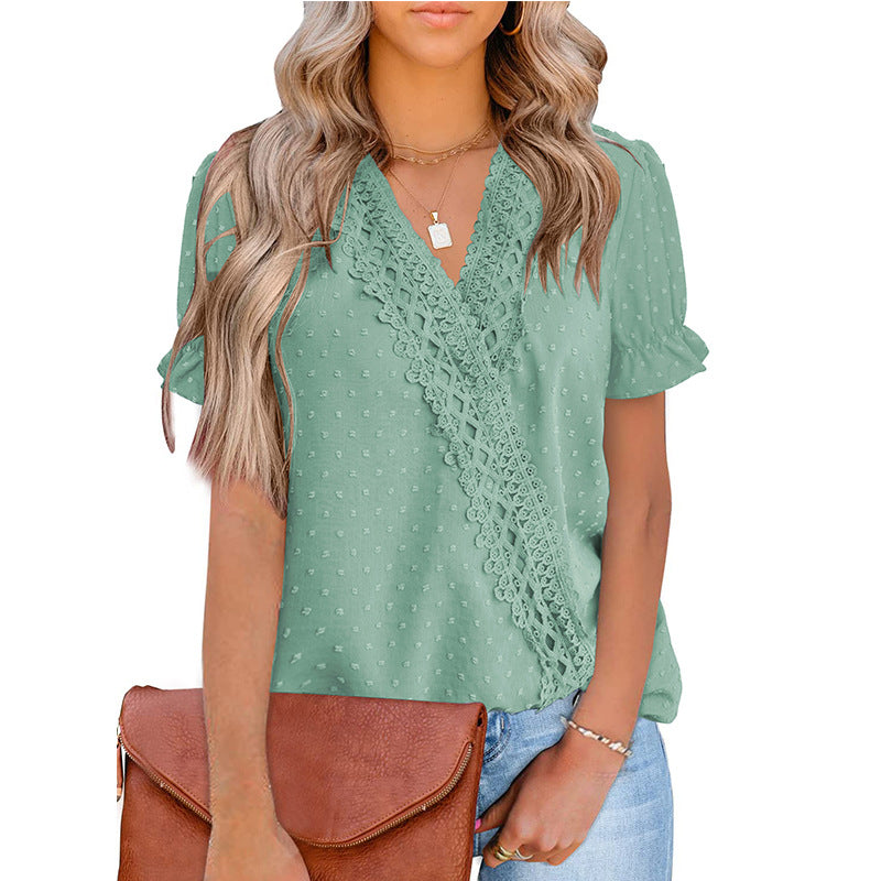 Women's Summer Chiffon Fur Lace V-neck Sleeve Blouses