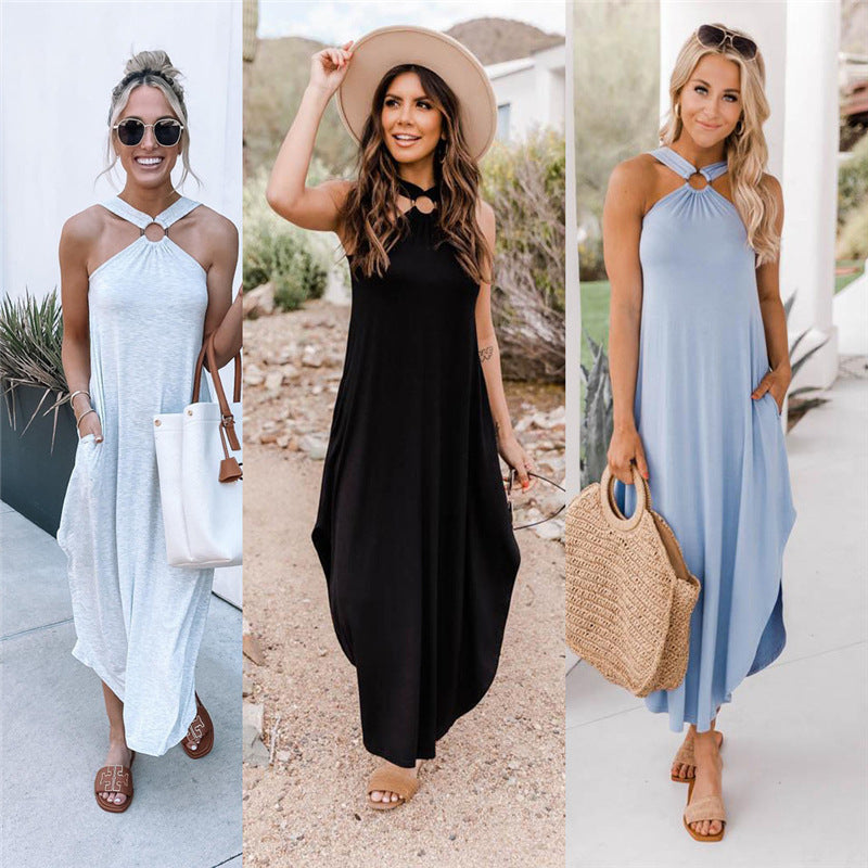 Off-the-shoulder Casual Halter Confortable Robes Longues Poche