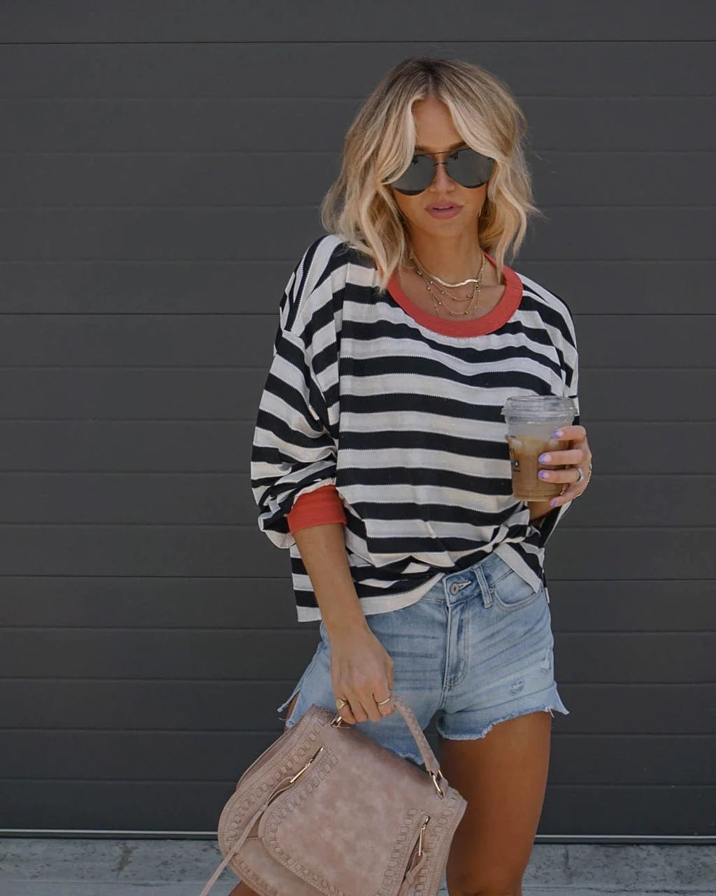 Long-sleeved Striped T-shirt Round Neck Loose Blouses