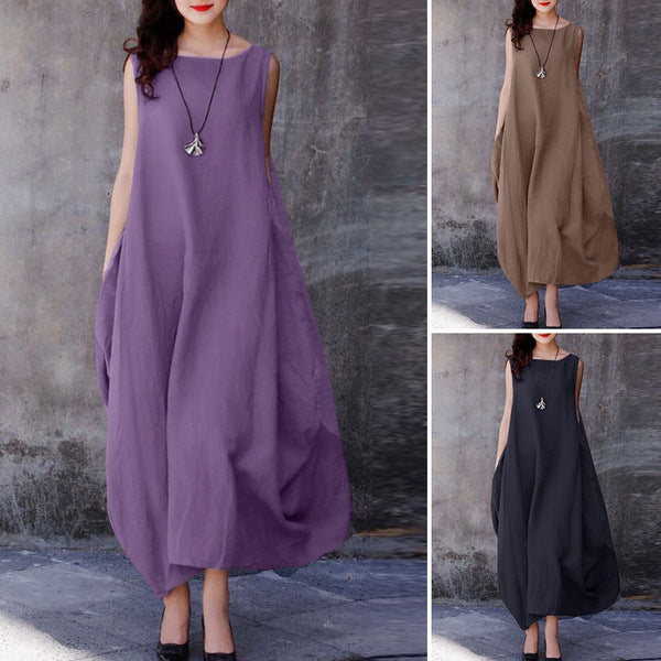 Women's Big Hem Solid Color Round Neck Dresses