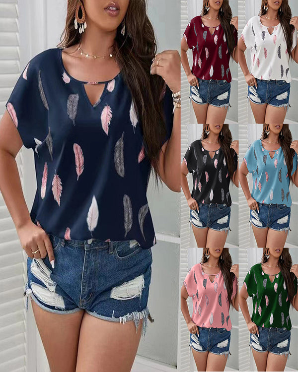 Women's Popular V-neck Feather Print Short-sleeved Blouses