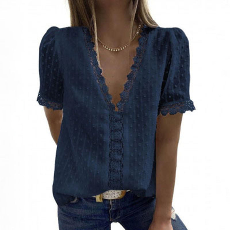 Deep V-neck Embroidered Ruffled Sleeves Front Blouses