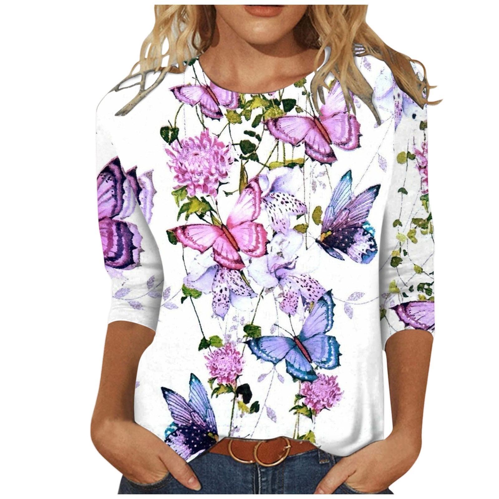 Women's Round Neck Long Sleeve Loose Print Tops