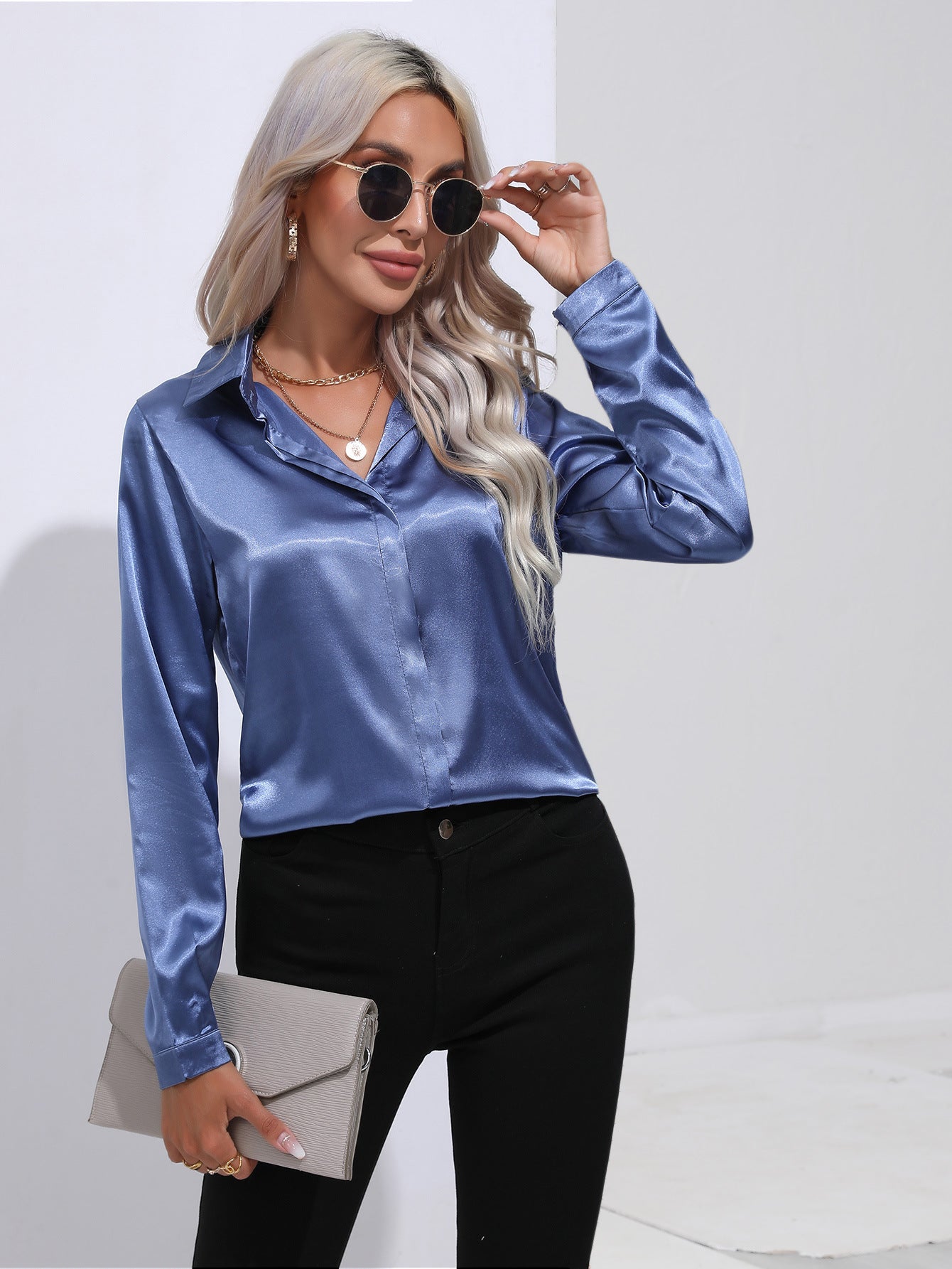 Women's One Button Satin Shirt Long Sleeve Blouses