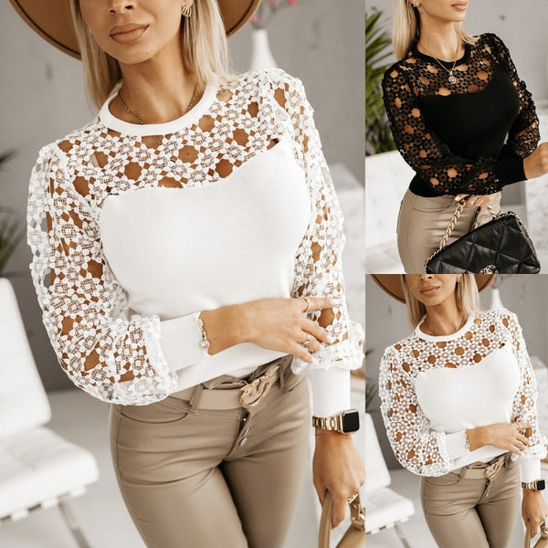 Women's Hollow Out Patchwork Round Neck Long Blouses