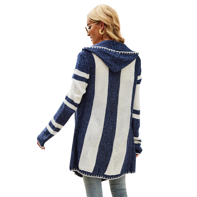 Striped Color Hooded Knit Irregular Long Coats