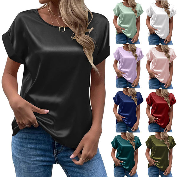 Women's Casual Short-sleeved Satin Loose-fitting Round-neck Blouses