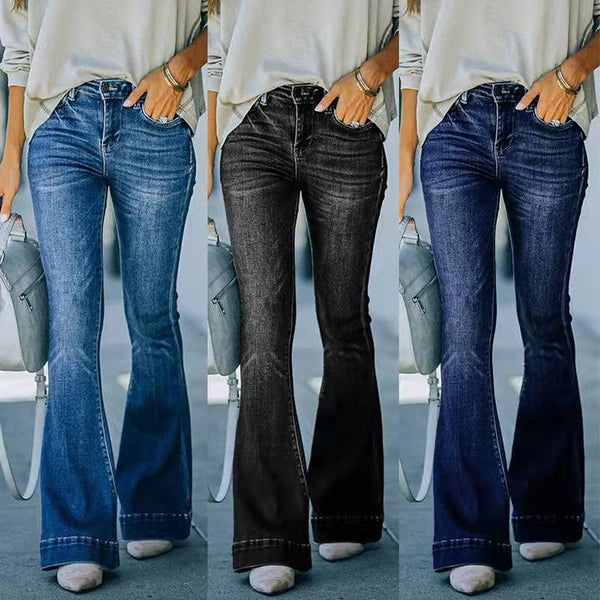 Women's High Waist Elastic Stitching Flared Trousers Jeans