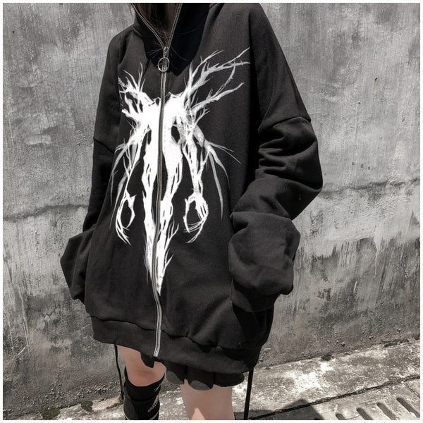 Dark Fashion Printing Zipper Couple Early Autumn Street Casual Pulls