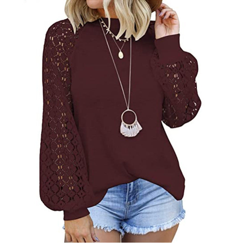 Women's Round Neck Long Sleeve Lace Stitching Blouses