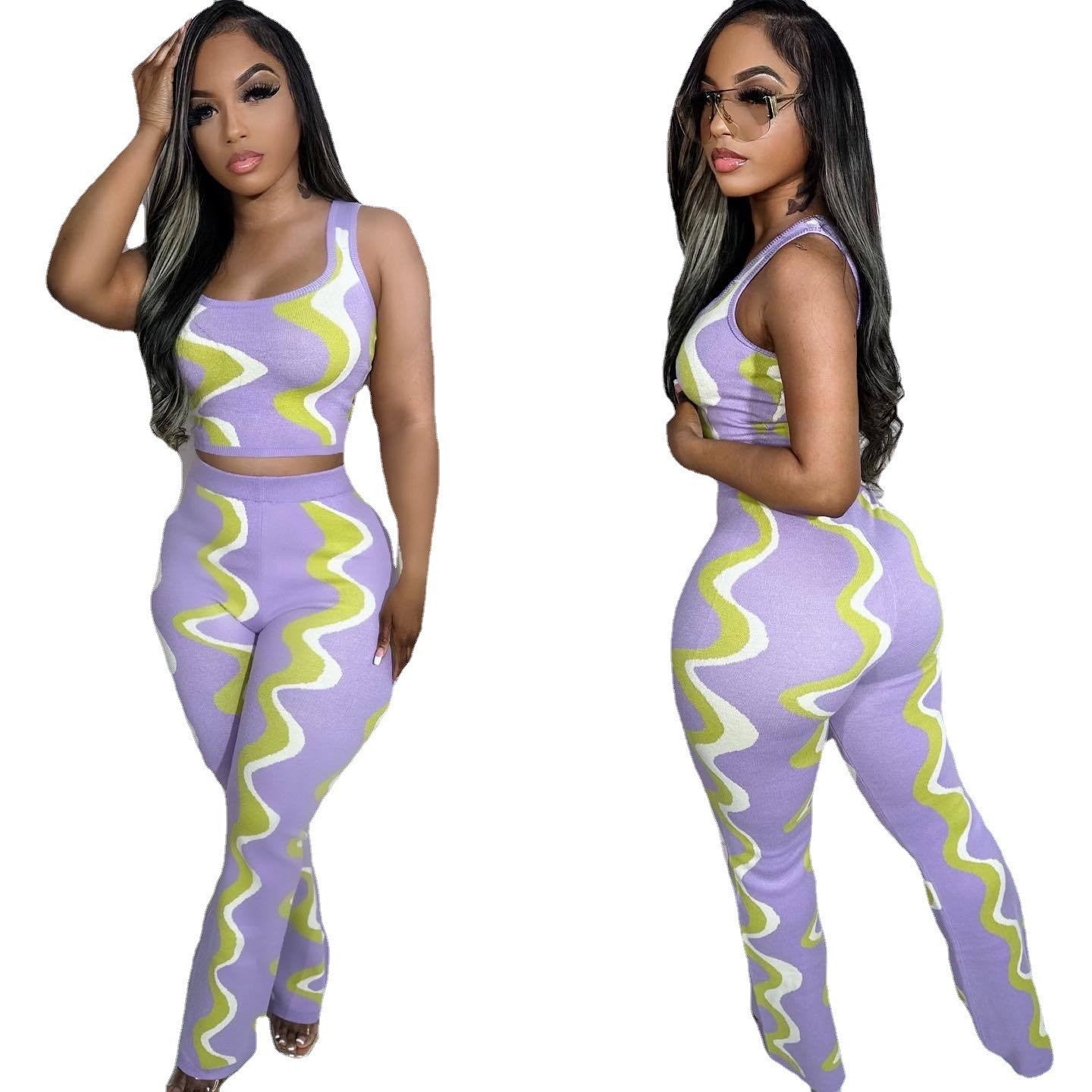 Women's Fashion Wear Sexy Sleeveless Positioning Digital Printing Sunken Stripe Suits