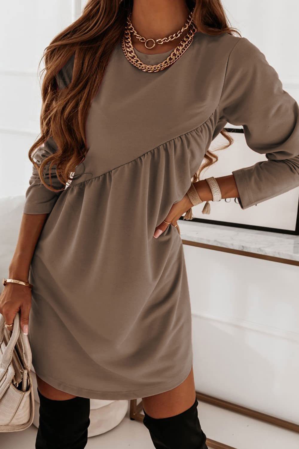 Solid Color Long Sleeve Irregular Dress Dresses