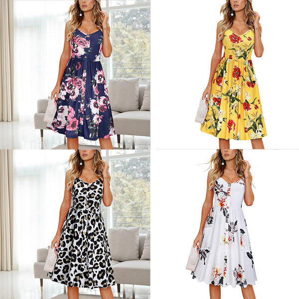 Women's Wear Floral V-neck High Waist Midi Dresses