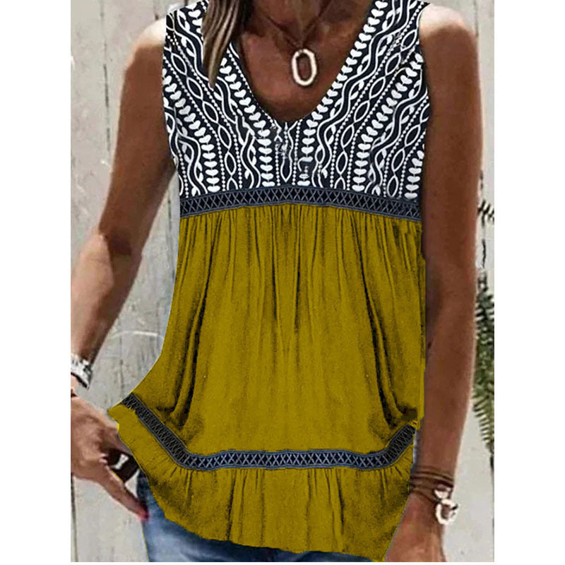 Women's Summer Flower Edge Stitching Ruffle Tank Blouses