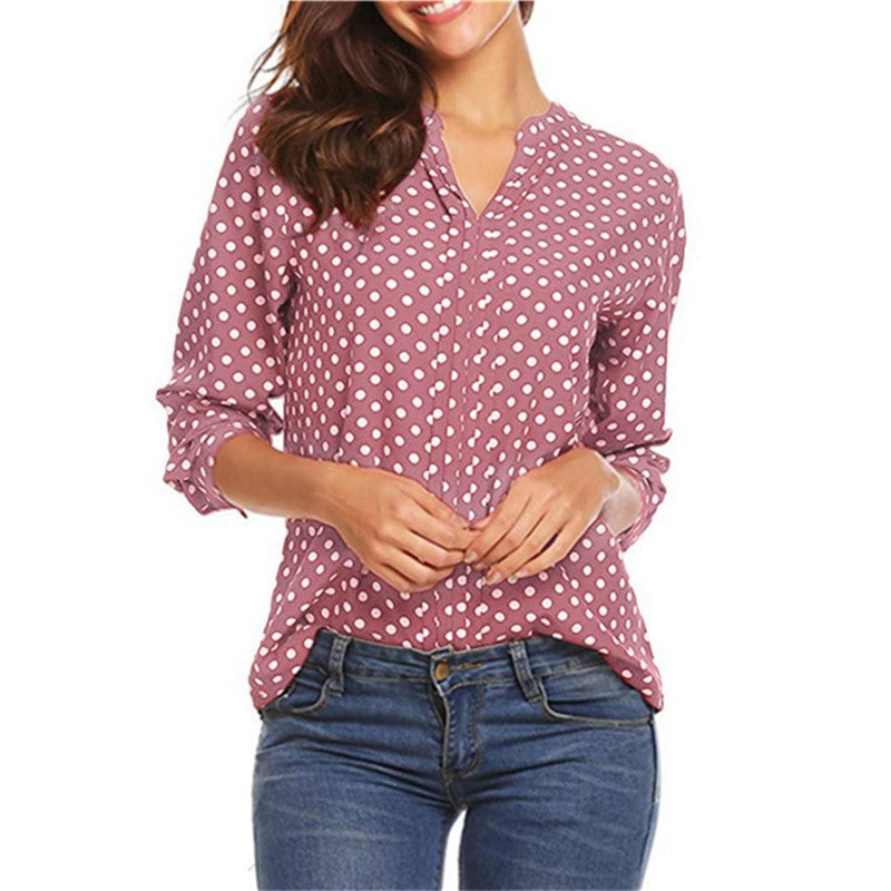 Women's Large Shirt Dotted Prints Long Sleeve Rolled Blouses