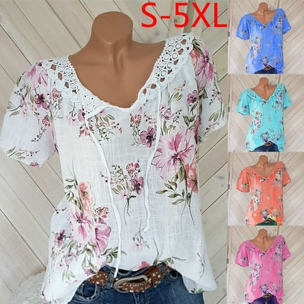 Summer Lace V-neck Printed Short-sleeved T-shirt Blouses