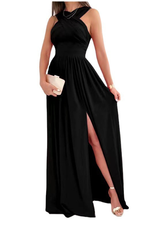 Women's Sleeveless Halter Backless Slit Hemline At Dresses