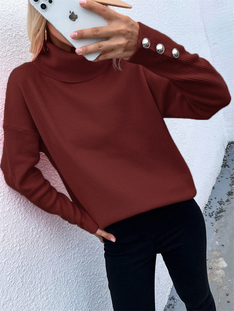 Women's Turtleneck Cuff Button Solid Color Casual Sweaters